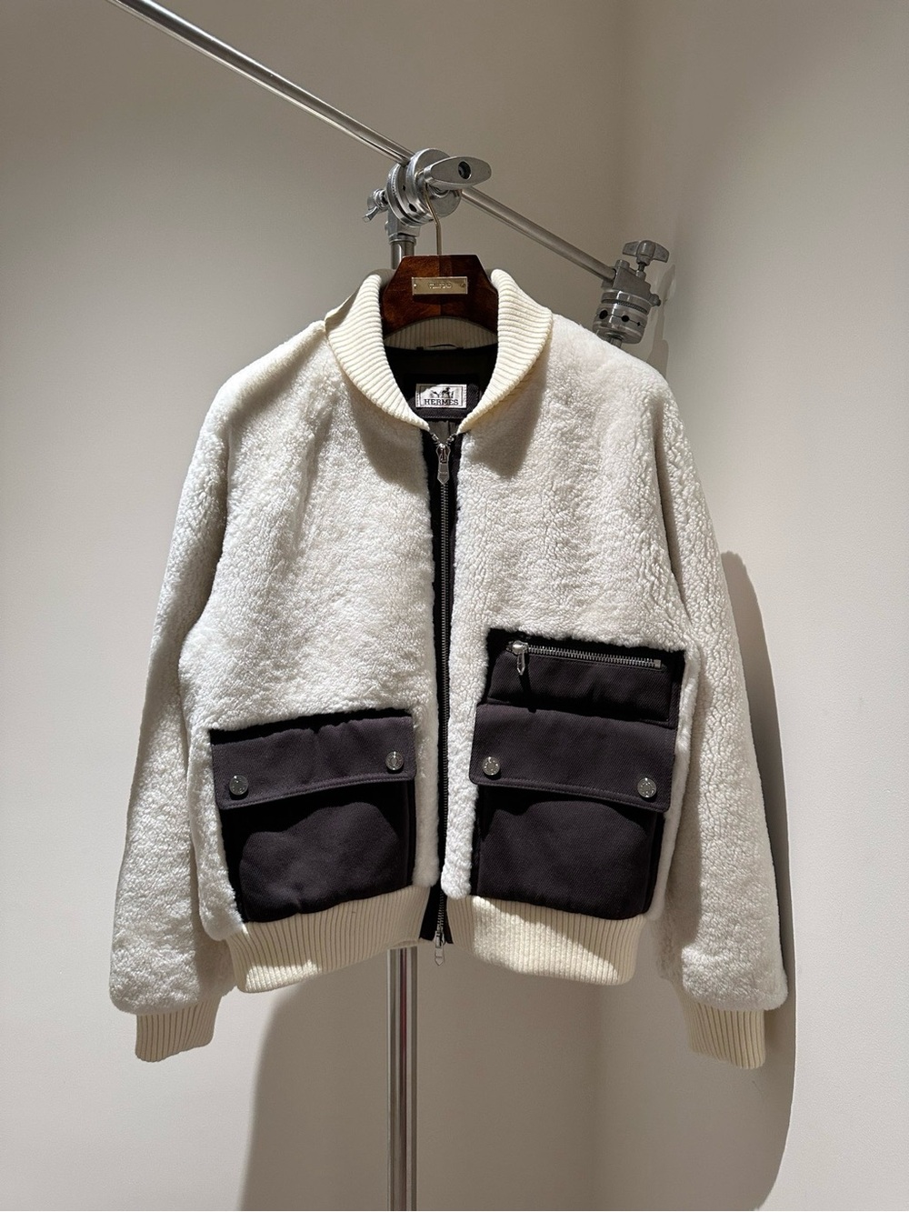 Hermes Cream Sherpa Bomber Jacket with Black Utility Pockets